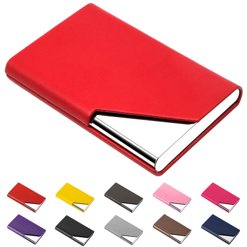 Padike Business Card Holder, PU Leather & Stainless Steel Multi Card Case for Men & Women, Name Card Holder, Credit Card Wallet, ID Case/Holder with Magnetic Closure (Red) - Image 1